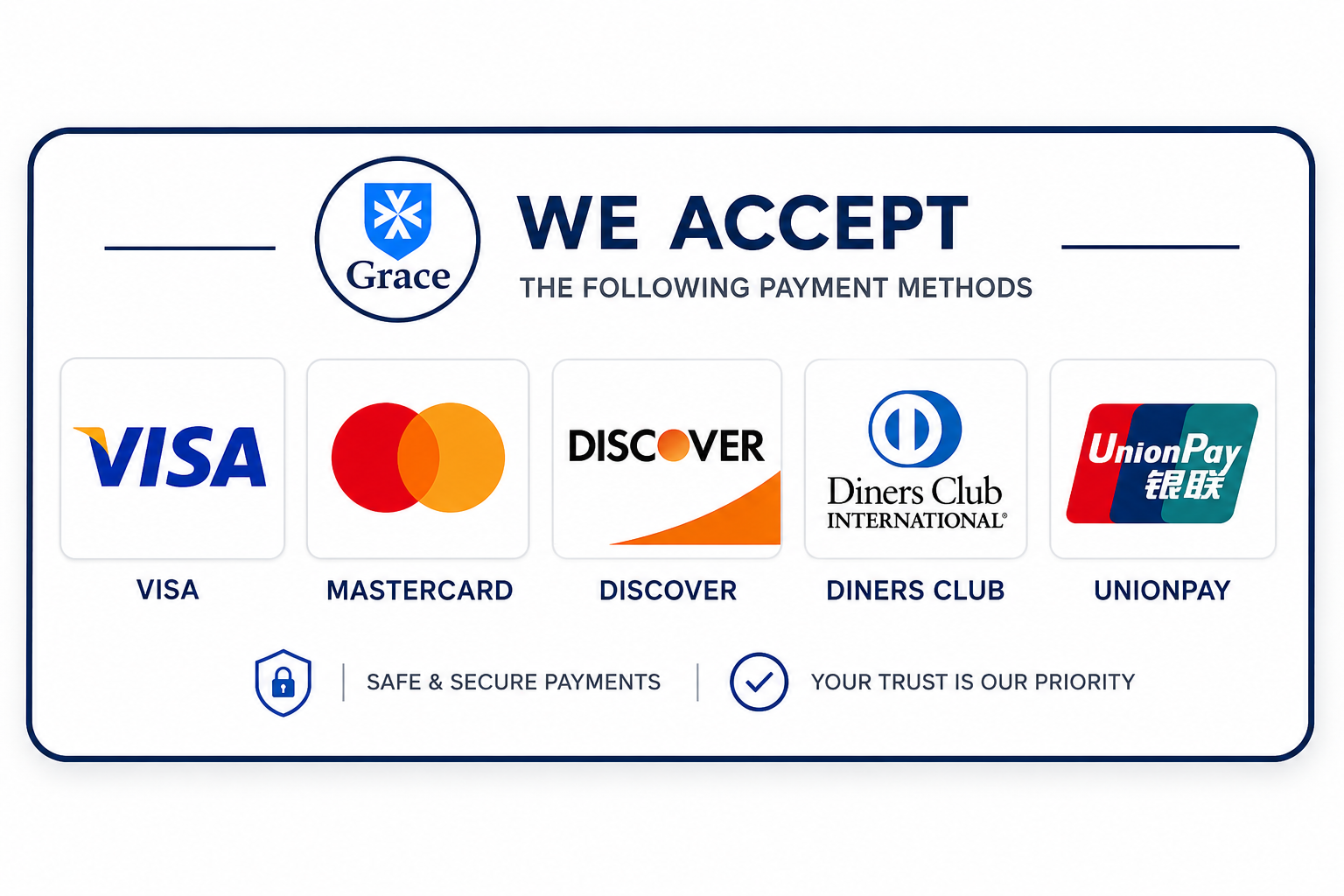 We accept VISA,Master,Diners,Union Pay,Discover Only